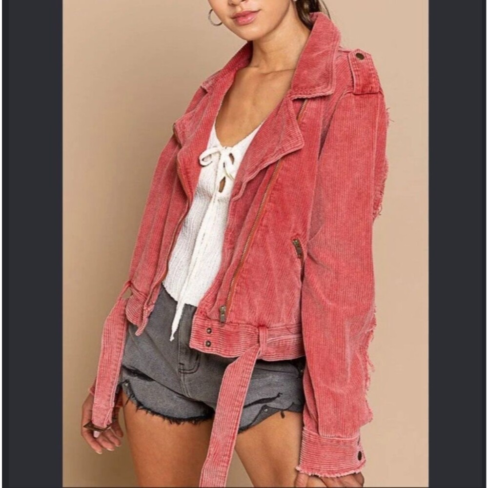 POL Corduroy Raw Edge Moto Jacket Crop Boho Belted Frayed Biker Zip Cotton S